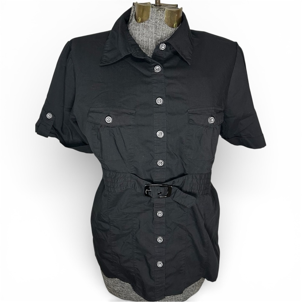 Contempo by Penningtons Button Up Belted Top In Black - Size 14